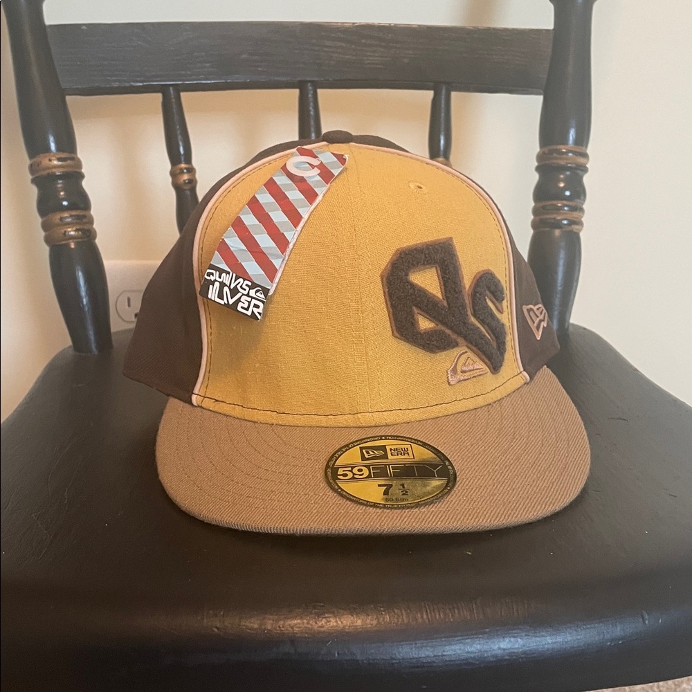 Nwt quicksilver x new era 59fifty will never work hat size 7 1/2 brown/yellow